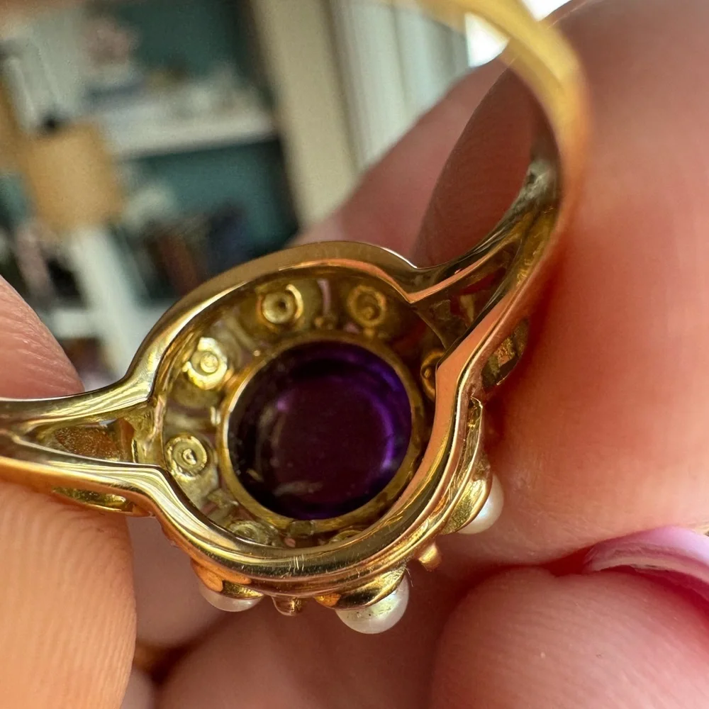 Amethyst Cabochon & Pearl 14k Gold Ring